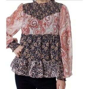 Greige Tiered Patchwork Babydoll Blouse Top Womens Large Boho Smocked Witchy